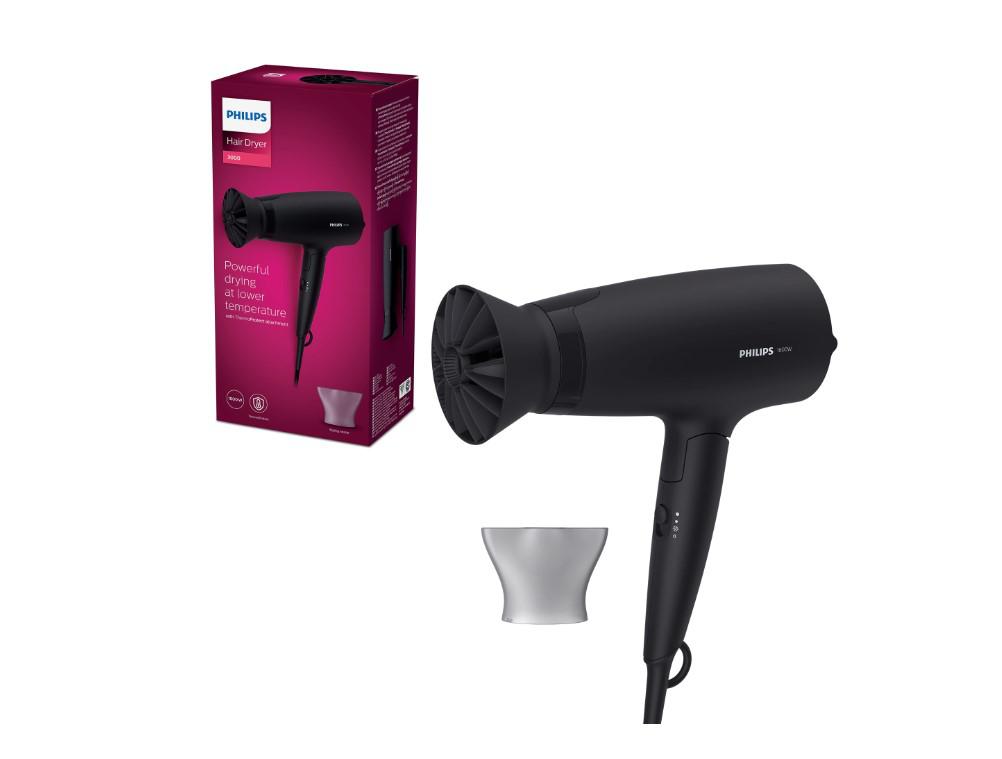 Uscator de par Philips BHD308/10, 1600W, accesoriu Thermo Protect, 3 setari de viteza/temperatura, cap de coafare 14 mm, Negru