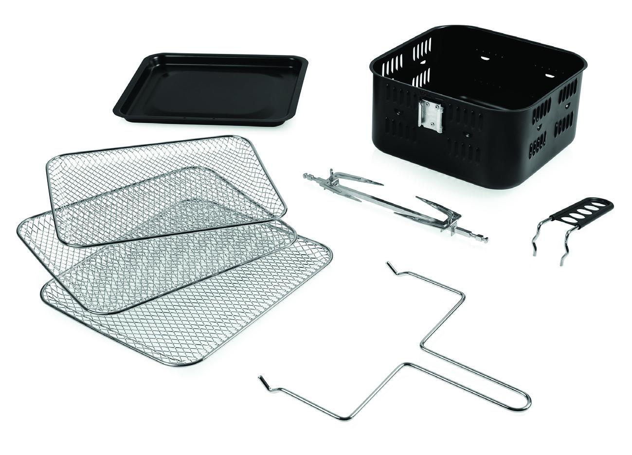 Friteuza cu aer cald Heinner Aifryer Crystal Clear HAF-B2000FB, gatire fara ulei, 2000W, capacitate cos 4.5L, capacitate cuptor 11L, 8 programe, 3 rafturi pentru preparare cu aer cald, afisaj digital, tija rotisor, termostat reglabil: 30-200˚C