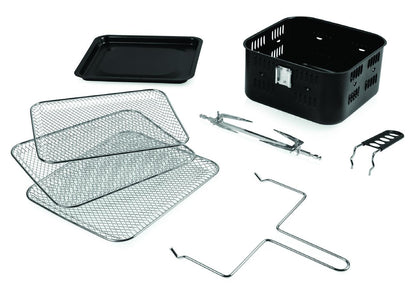 Friteuza cu aer cald Heinner Aifryer Crystal Clear HAF-B2000FB, gatire fara ulei, 2000W, capacitate cos 4.5L, capacitate cuptor 11L, 8 programe, 3 rafturi pentru preparare cu aer cald, afisaj digital, tija rotisor, termostat reglabil: 30-200˚C