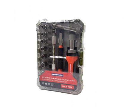 Heinner Set 35 Piese - Surubelnita Cu Clichet Cu AccSet 35 accesorii Heinner PCSS019, surubelnita cu clichet, surubelnita precisa, biti, biti precizie, tubulare din otel carbon, adaptor biti, extensie biti, extensie flexibila
