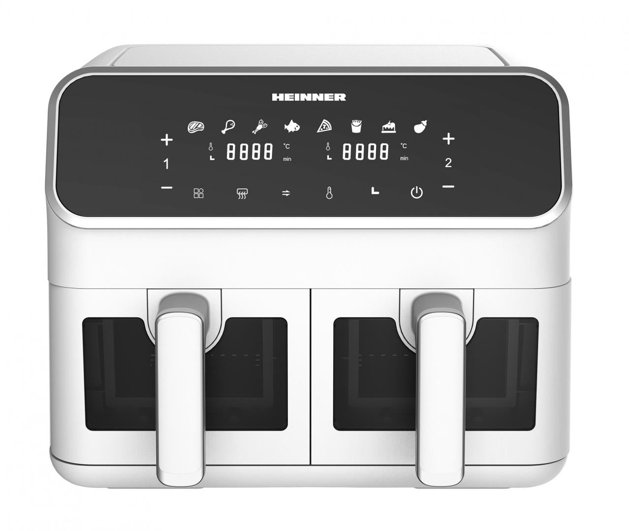 Friteuza dubla cu aer cald Heinner DualFry Supreme HAF-H8DB17WH, 1700W, capacitate totala: 8L, display digital, control touch, control individual, 8 programe, functii SYNC & MATCH, ferestre supraveghere, alb