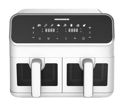 Friteuza dubla cu aer cald Heinner DualFry Supreme HAF-H8DB17WH, 1700W, capacitate totala: 8L, display digital, control touch, control individual, 8 programe, functii SYNC & MATCH, ferestre supraveghere, alb