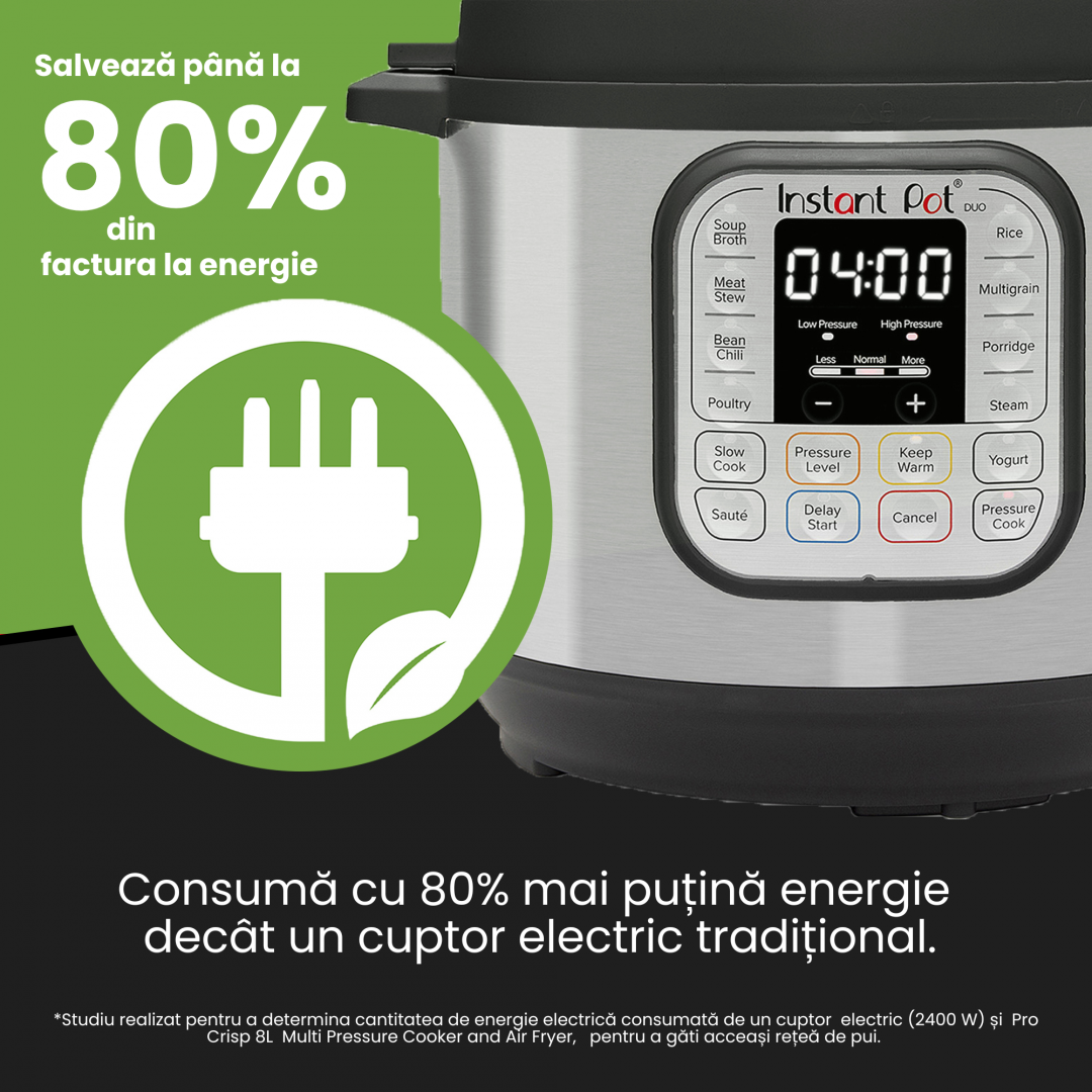 Multicooker Instant Pot Duo 3 MINI, 700W, 14 programe presetate, Capacitate 2.8 litri, Capac detasabil, Functie manuala, Inox/Negru