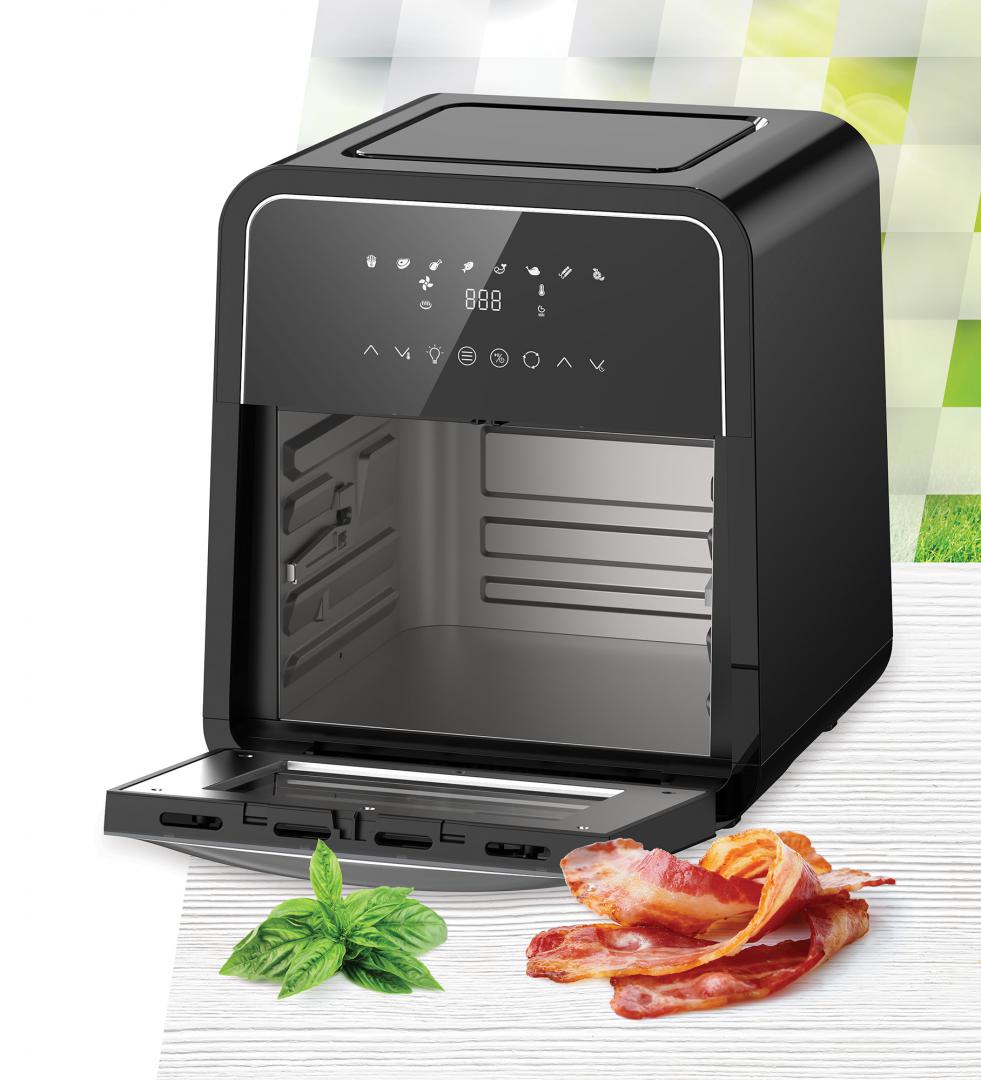 Friteuza cu aer cald Heinner Masterfry HAF-B12BK2000, 2000w, functie cuptor, capacitate: 12l, display digital cu control touch, timer 60 min, deshidratare 24h, temperatura 30-200 grade, 8 programe presetate, 3 nivele de gatire, oprire automata, negru