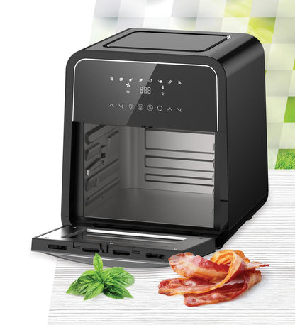 Friteuza cu aer cald Heinner Masterfry HAF-B12BK2000, 2000w, functie cuptor, capacitate: 12l, display digital cu control touch, timer 60 min, deshidratare 24h, temperatura 30-200 grade, 8 programe presetate, 3 nivele de gatire, oprire automata, negru