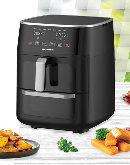 Friteuza dubla cu aer cald Heinner OvenFry Cook HAFO-M11BK1700, 1550-1850W, capacitate 11L, panou de comanda electronic, 10 programe presetate, timp maxim de preparare: 90 min, fereastra supraveghere si lumina interioara, Negru
