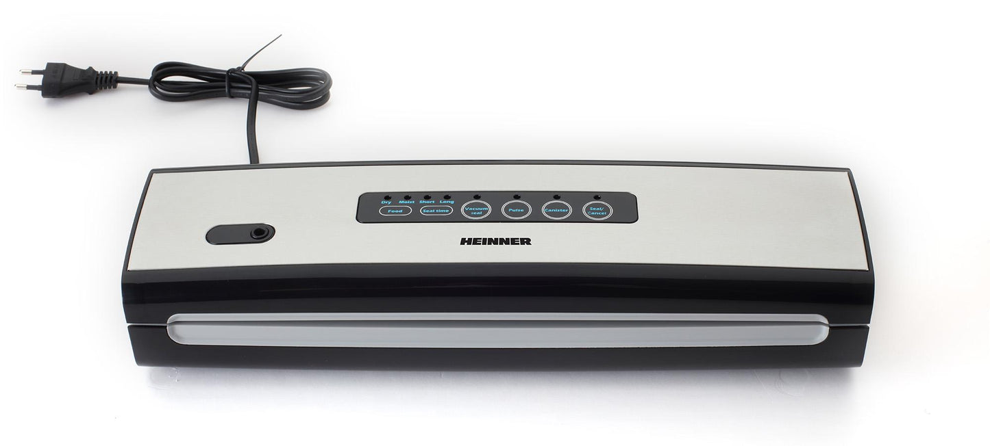 Aparat de vidat si sigilat Heinner Food Power 130 HAV-130BKSS, vidare si sigilare, vidare uscata/ umeda, rola pungi inclusa 20x200 cm, mini-cutter incorporat, compatibil cu pungi latime 30 cm, capacitate vidare 6 l/ min, 0.58 bar, 130W, argintiu