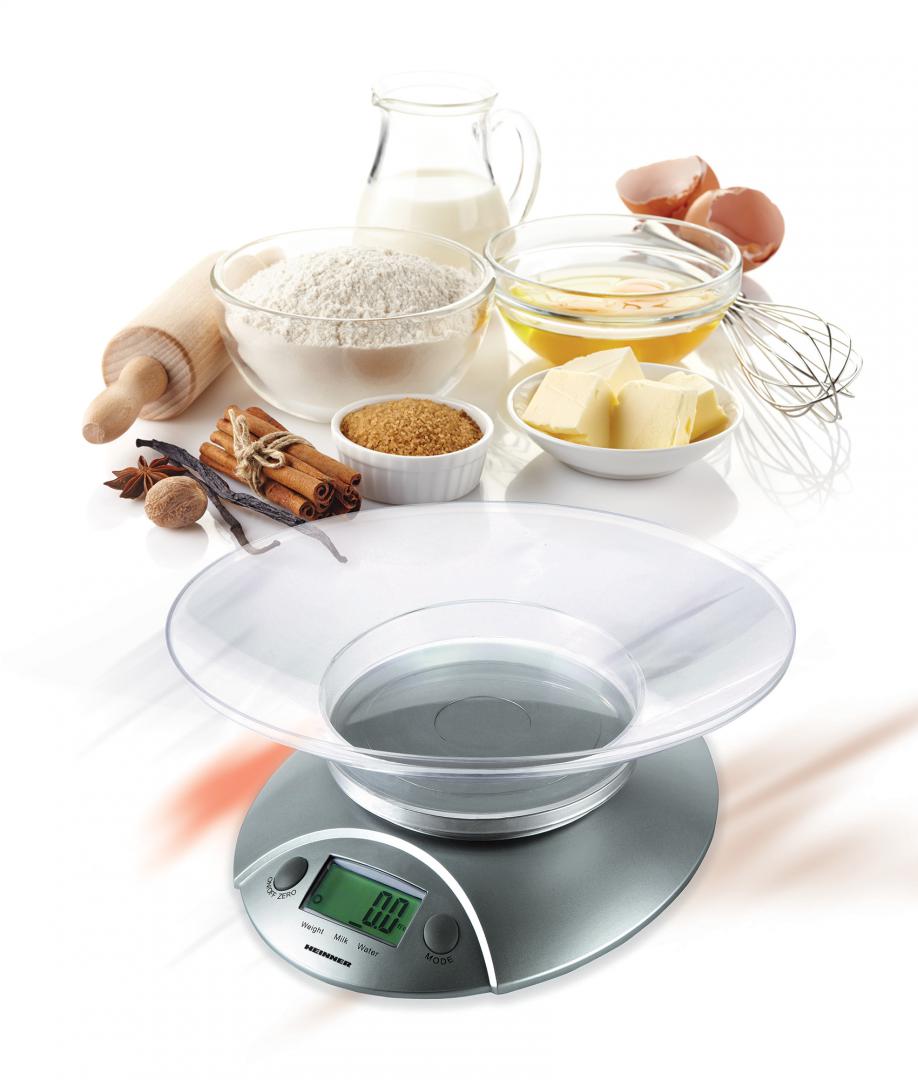Cantar de bucatarie cu Bol Heinner HKS-5SL, 5 Kg, Tara, functie cantarire lichide, 1 g, display lcd, Argintiu