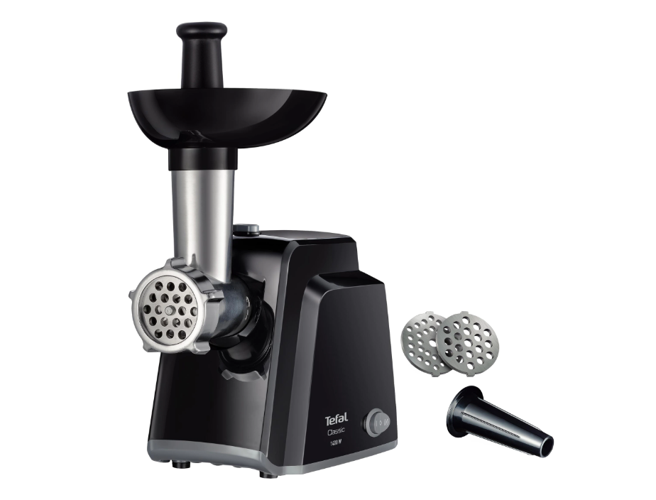 Masina de tocat carne Tefal Classic NE105838, 1400 W, 1.7 kg/min, Functie Reverse, 2 Site de tocat, Cutit cu functie de maruntire, Accesoriu pentru carnati
