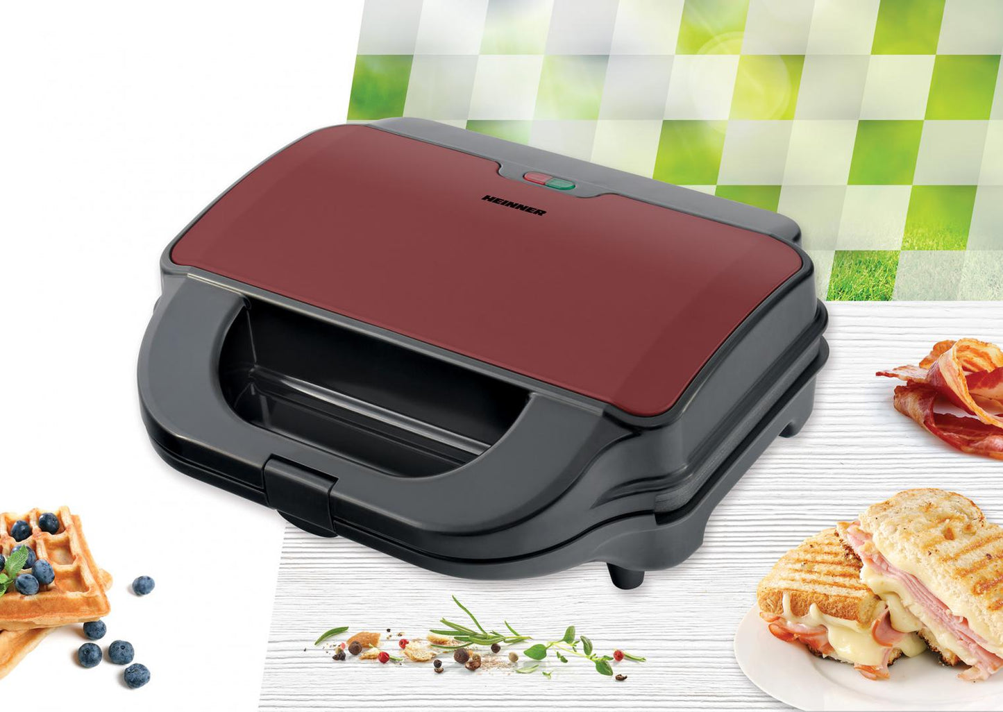 Sandwich maker Heinner SM-2H900BKS, 900 W, placi XL, 2 placi detasabile antiadezive: waffle, grill, Negru/Rosu