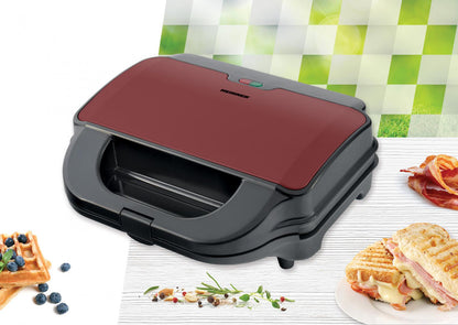 Sandwich maker Heinner SM-2H900BKS, 900 W, placi XL, 2 placi detasabile antiadezive: waffle, grill, Negru/Rosu