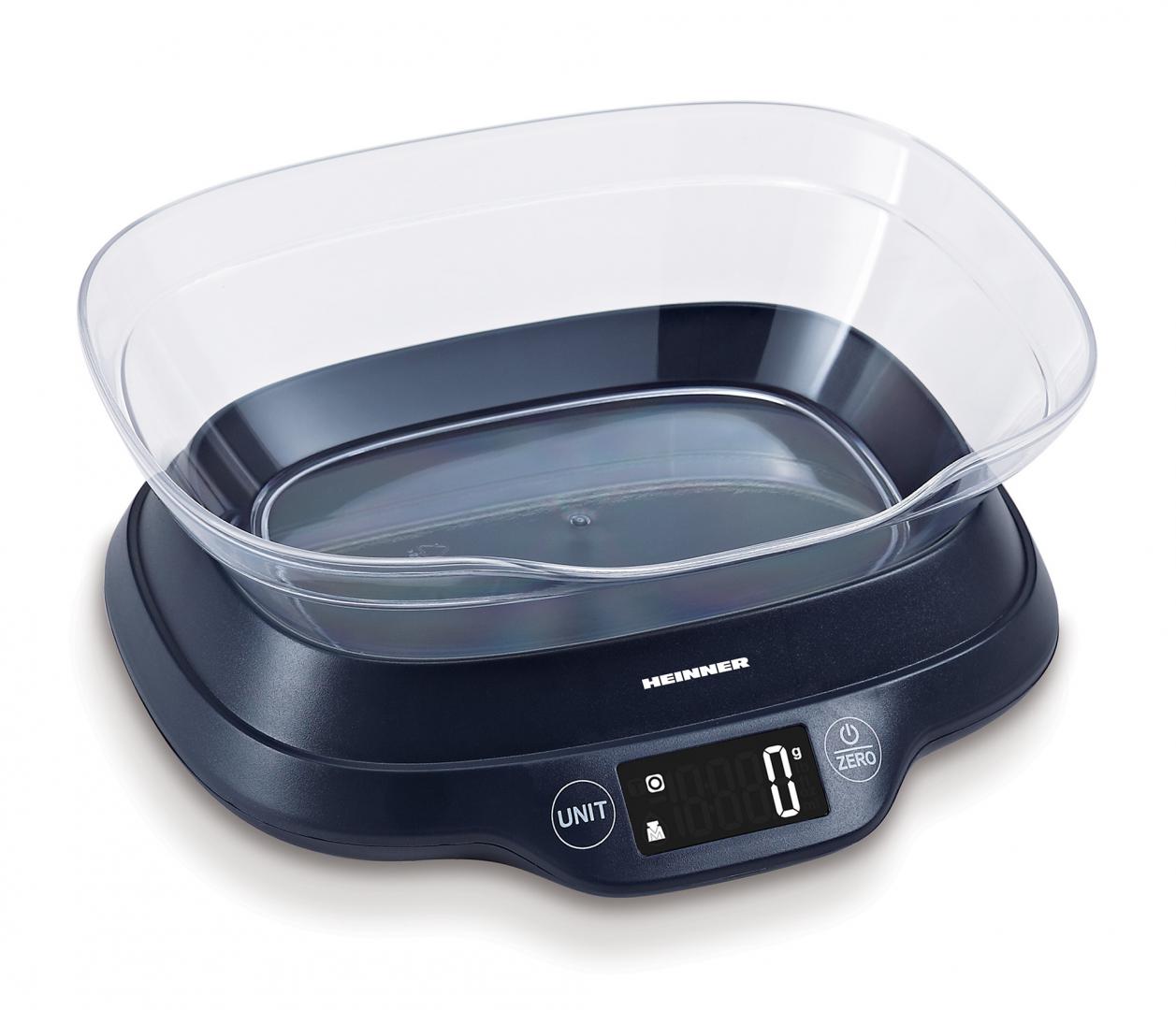 Cantar de bucatarie cu bol Heinner HKSB-TC5P, 5 Kg, 1 g, touch control, tara, functie cantarire lichide, display LCD, bol plastic
