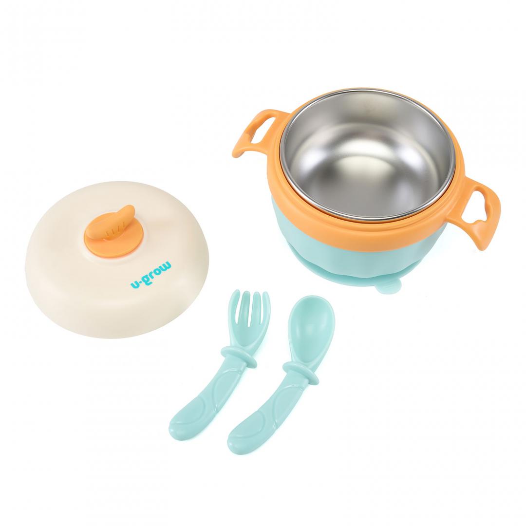 Bol Termic , Lingurita Si Furculita , Baza Antialunecare, Blue, U-Grow