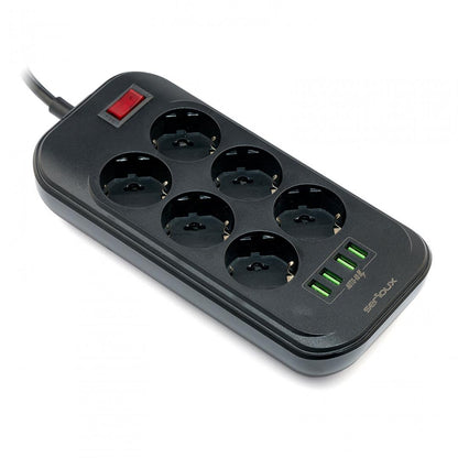 Prelungitor Cu Protectie Serioux, Prize Schuko, Input 100-240V, 50- 0Hz, Output (Total): - 10A, 4 Porturi Usb, 4 Porturi Usb (5V- 3.1A) (Auto Max) 17W, Amperaj Port Usb (Max) 3.4A, Functie Auto Id, Antistatic, Buton Power/Off, Lungime Cablu 2M,, Srxp-Psb
