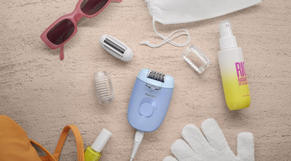 Epilator Philips Seria 4000 BRE247/00, 2 setari de viteza, cap de epilare lavabil, 4 accesorii pentru corp si zona inghinala, lumina LED, Albastru