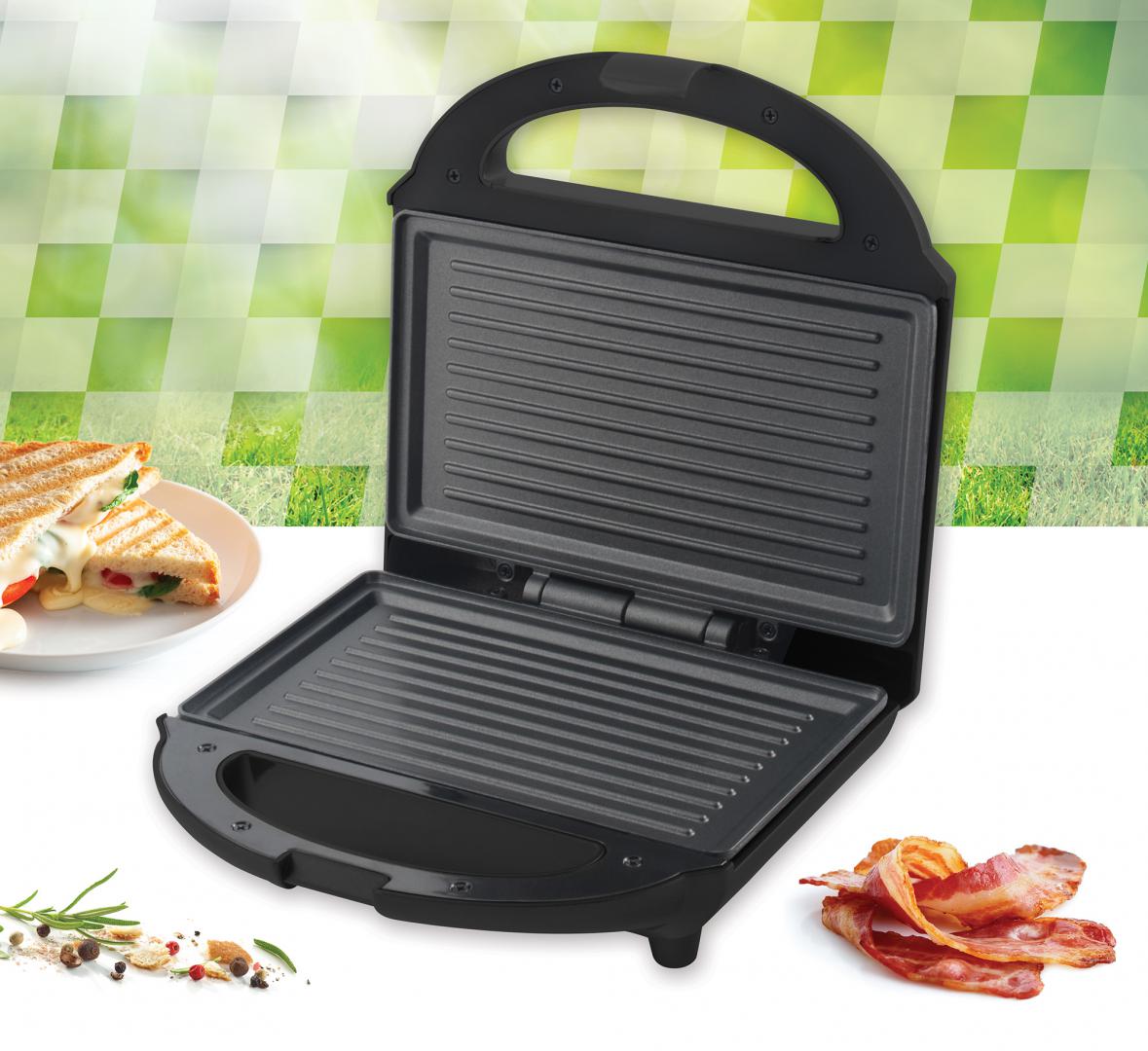 Sandwich maker Heinner SM-H700BK, 700 W, placi antiadezive fixe tip grill, Negru