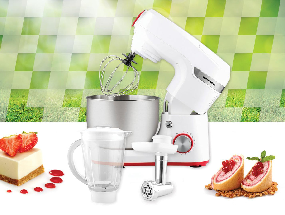 Robot de bucatarie Heinner HPM-1000WH, 1000W, miscare planetara, accesoriu masina de tocat si blender, bol 5.5 L, 10 viteze + pulse, Alb