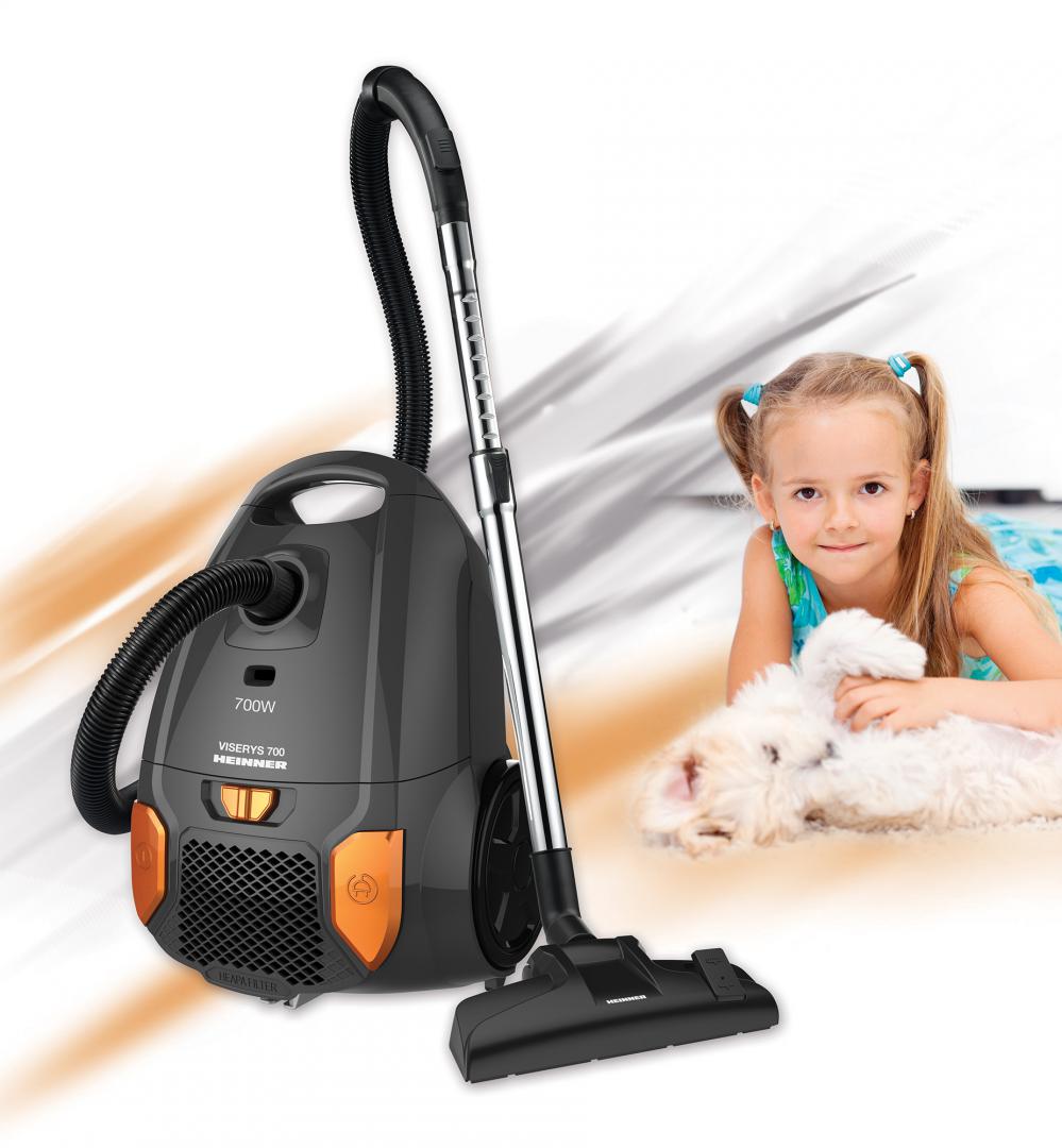 Aspirator cu sac Heinner HVC-MGRY1400-V2, 700 W, sac textil, 3 L, putere variabila, HEPA 12, tub telescopic metalic, Negru