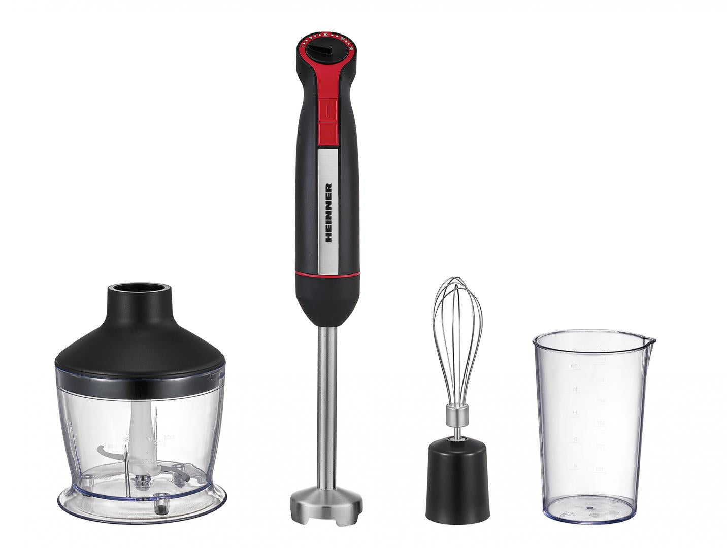 Mixer vertical Heinner HHB-DC1200BKRD, 1200w, motor DC, viteza variabila + turbo, picior blender inox, lame inox, accesorii: tel, tocator (500ml), cana mixat (600ml), negru/rosu