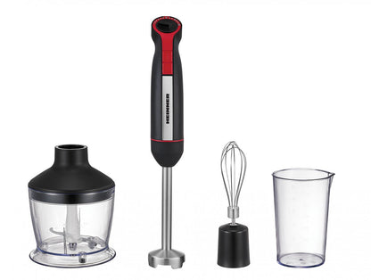 Mixer vertical Heinner HHB-DC1200BKRD, 1200w, motor DC, viteza variabila + turbo, picior blender inox, lame inox, accesorii: tel, tocator (500ml), cana mixat (600ml), negru/rosu