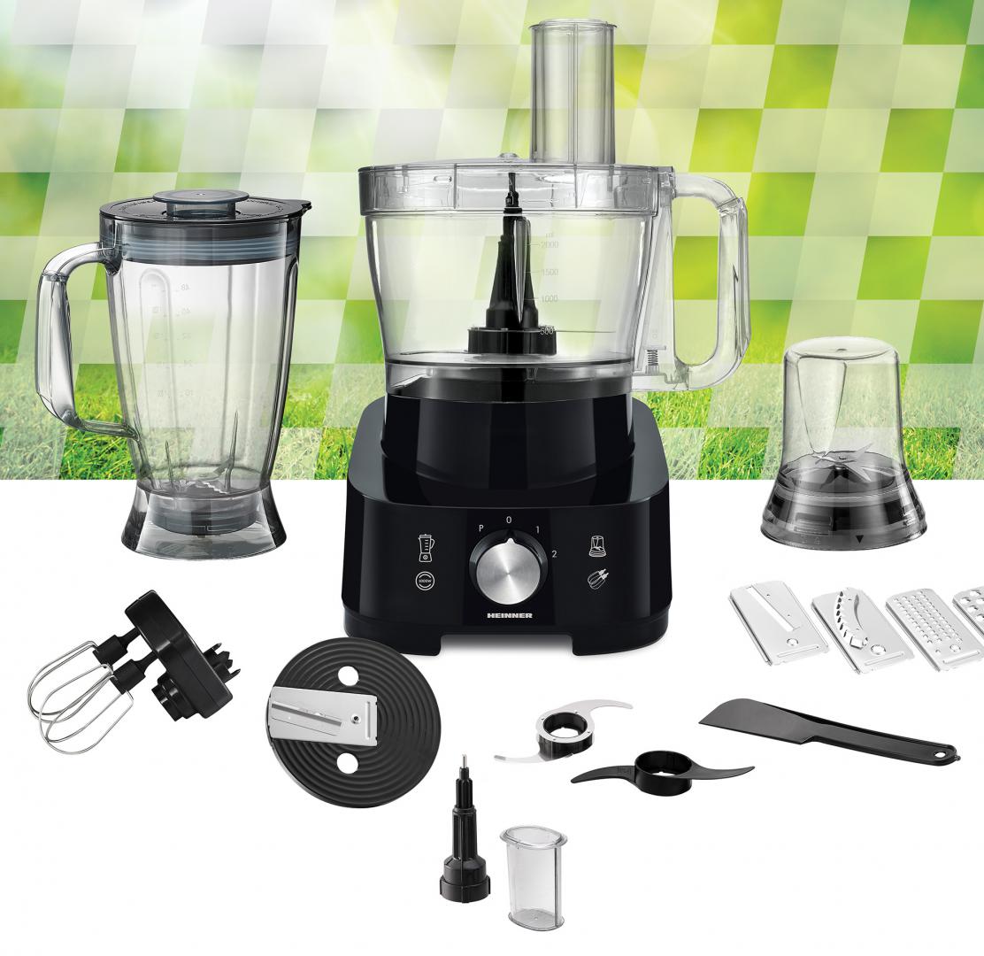 Robot de bucatarie Heinner Cookery Chef HFP-1000BK, 1000W, blender si rasnita incluse, capacitate bol 3.5L, capacitate blender 1.8L, 2 viteze + Pulse, cutit inox, negru