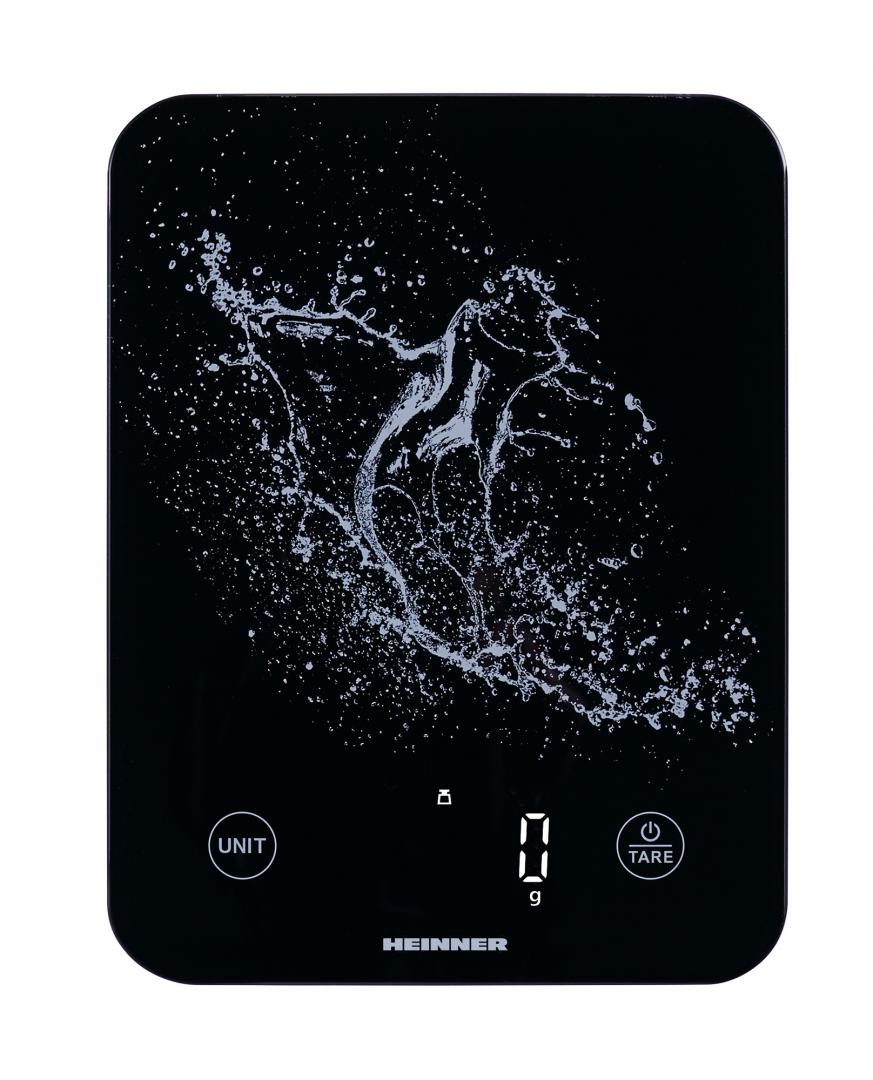Cantar de bucatarie Heinner HKS-BK10USB, 10kg, sticla securizata 3mm, display led, control touch, gradare: 1g, functie Cantarire lichide, incarcare type-c, acumulator li: 3.7v, negru