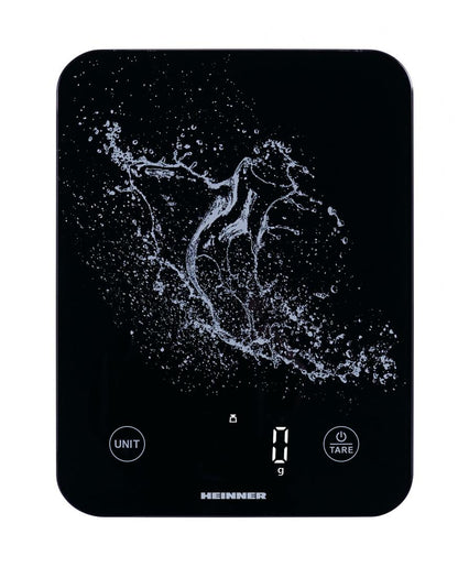 Cantar de bucatarie Heinner HKS-BK10USB, 10kg, sticla securizata 3mm, display led, control touch, gradare: 1g, functie Cantarire lichide, incarcare type-c, acumulator li: 3.7v, negru
