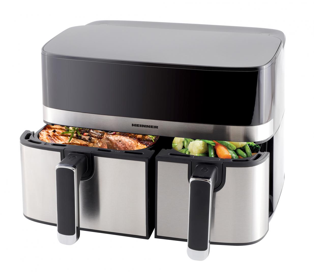 Friteuza dubla cu aer cald Heinner ProDual Fusion HAF-H9DB17BKS, 1700W, capacitate totala: 8.6L, display digital, control touch, control individual, 8 programe, functii SYNC&MATCH, gri/silver