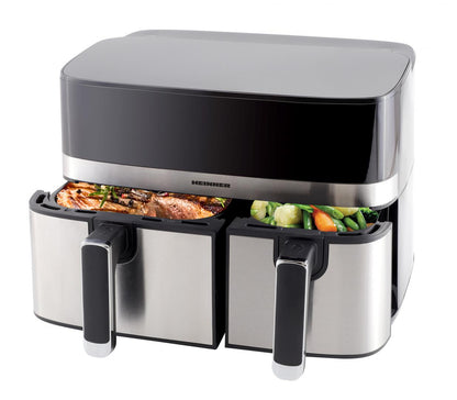 Friteuza dubla cu aer cald Heinner ProDual Fusion HAF-H9DB17BKS, 1700W, capacitate totala: 8.6L, display digital, control touch, control individual, 8 programe, functii SYNC&MATCH, gri/silver