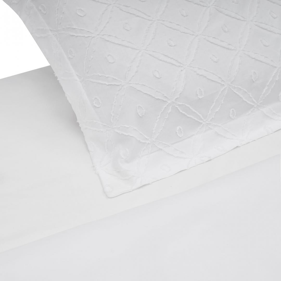 Lenjerie de pat king size pentru 2 persoane Tuff Heinner Home, cearsaf pilota 200x220 cm, cearsaf pat 220x240 cm, 2 fete de perna oxford 50x70+5 cm, microfibra, broderie Tuffata, alb