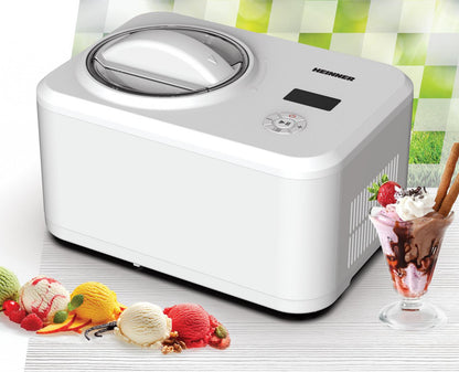 Aparat pentru preparat inghetata Heinner Glace HICM-150WHYG, Capacitate bol 1.5L, Compresor incorporat, Dsiplay LED, Timer, Mentinere la rece, Functie iaurt, Bol inghetata detasabil, 150W, Alb