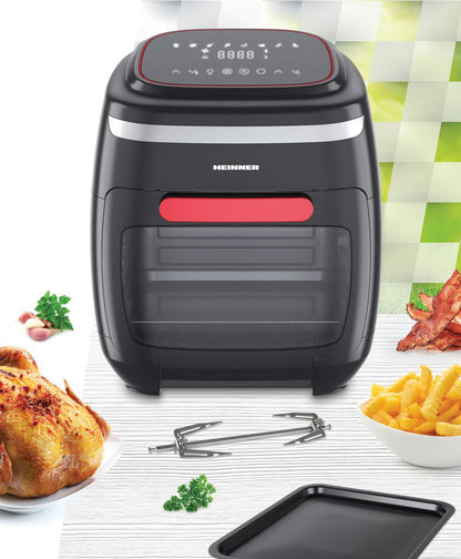 Friteuza cu aer cald Heinner Aifryer Crystal Clear HAF-B2000FB, gatire fara ulei, 2000W, capacitate cos 4.5L, capacitate cuptor 11L, 8 programe, 3 rafturi pentru preparare cu aer cald, afisaj digital, tija rotisor, termostat reglabil: 30-200˚C