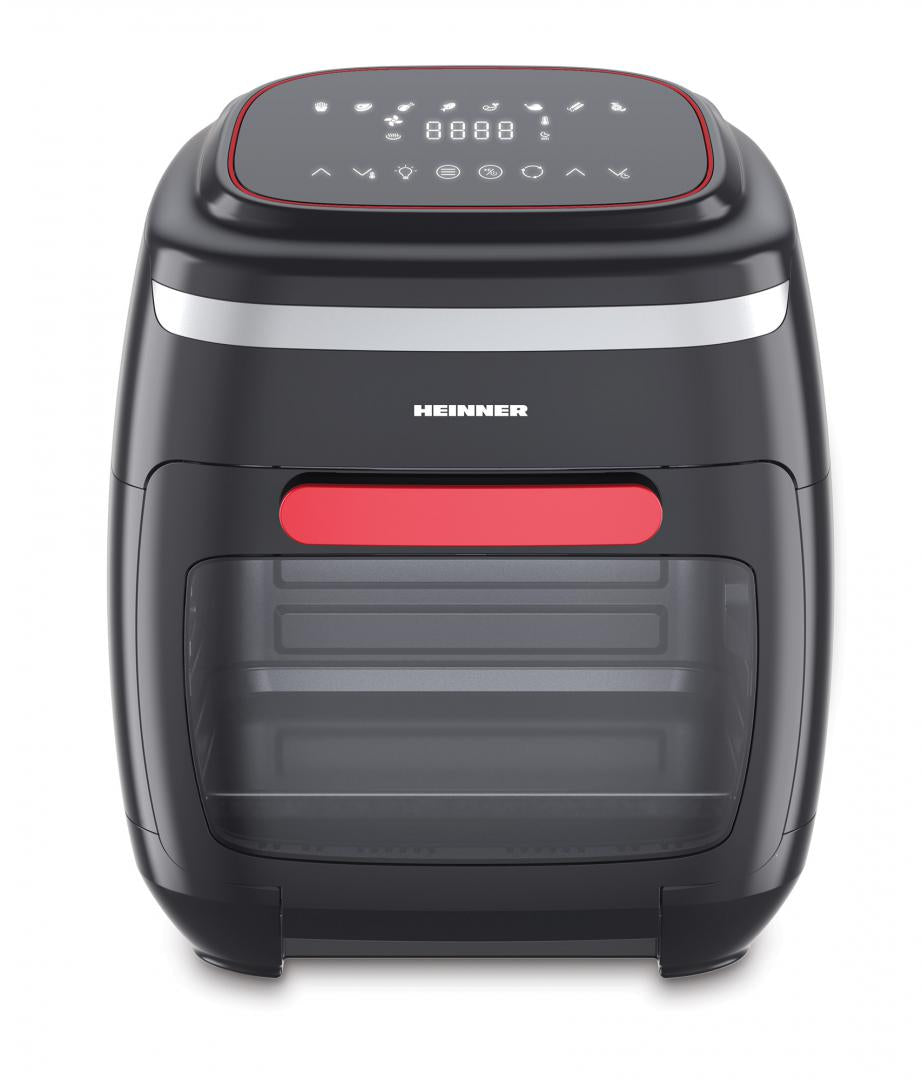 Friteuza cu aer cald Heinner Aifryer Crystal Clear HAF-B2000FB, gatire fara ulei, 2000W, capacitate cos 4.5L, capacitate cuptor 11L, 8 programe, 3 rafturi pentru preparare cu aer cald, afisaj digital, tija rotisor, termostat reglabil: 30-200˚C