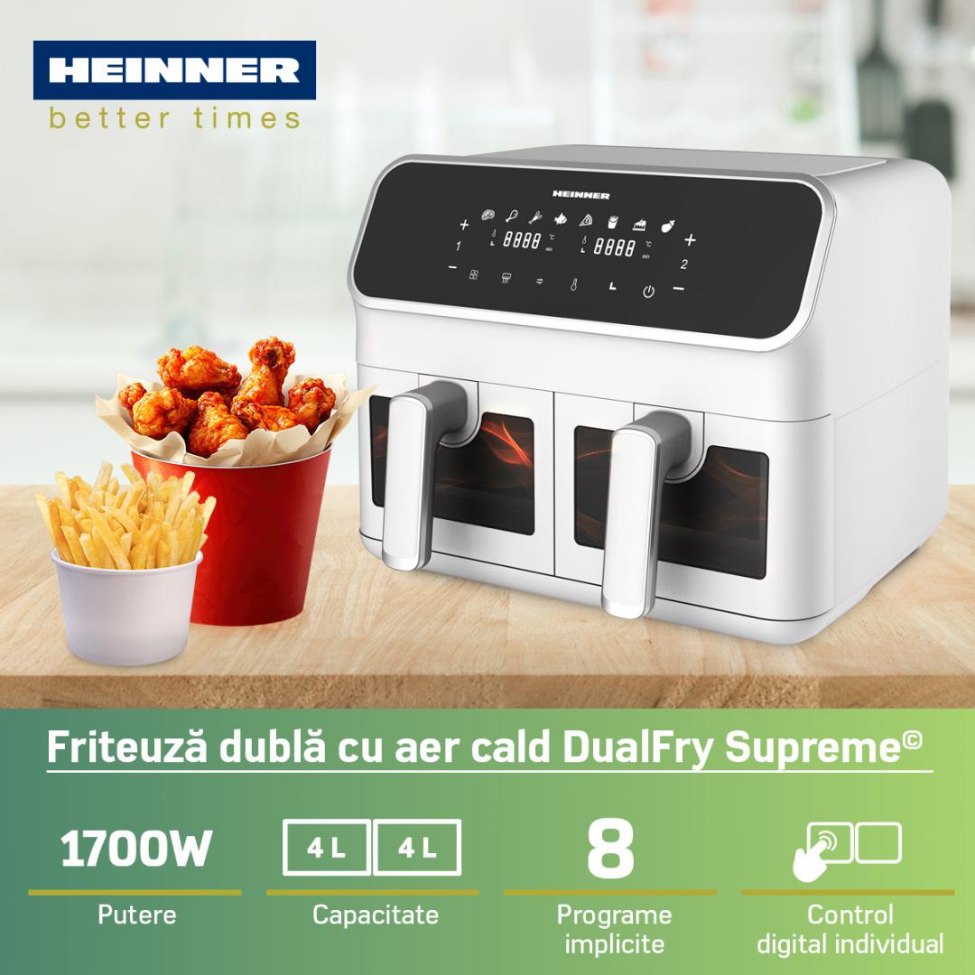 Friteuza dubla cu aer cald Heinner DualFry Supreme HAF-H8DB17WH, 1700W, capacitate totala: 8L, display digital, control touch, control individual, 8 programe, functii SYNC & MATCH, ferestre supraveghere, alb