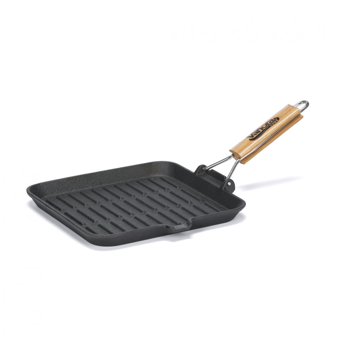 Tigaie  Grill Fonta Pura Cu Maner Lemn Detasabil, 23x23 cm, Vanora Home
