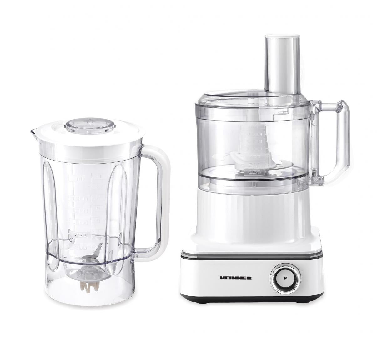 Robot de bucatarie Heinner FineGourmet FHP-K1000WP, 1000W, 6 viteze+pulse, bol procesare: 2.3L, lame inox, disc framantare, 3 lame feliere, disc emulsifiere, cana plastic 1.5l, storcator citrice, alb