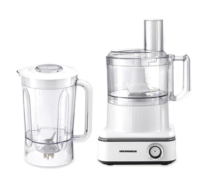 Robot de bucatarie Heinner FineGourmet FHP-K1000WP, 1000W, 6 viteze+pulse, bol procesare: 2.3L, lame inox, disc framantare, 3 lame feliere, disc emulsifiere, cana plastic 1.5l, storcator citrice, alb