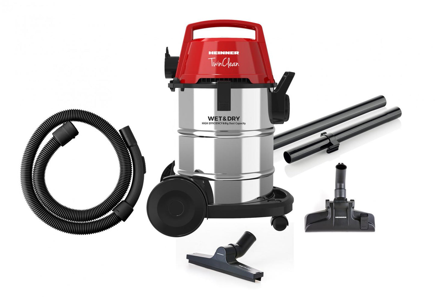 Aspirator multifunctional umed & uscat Heinner TwinClean HVC-MWD1400RD, 1400 W, 21 l capacitate, 6 l sac textil, functie suflare, filtru Hepa, perie aspirare uscata, perie aspirare umeda, perie spatii inguste