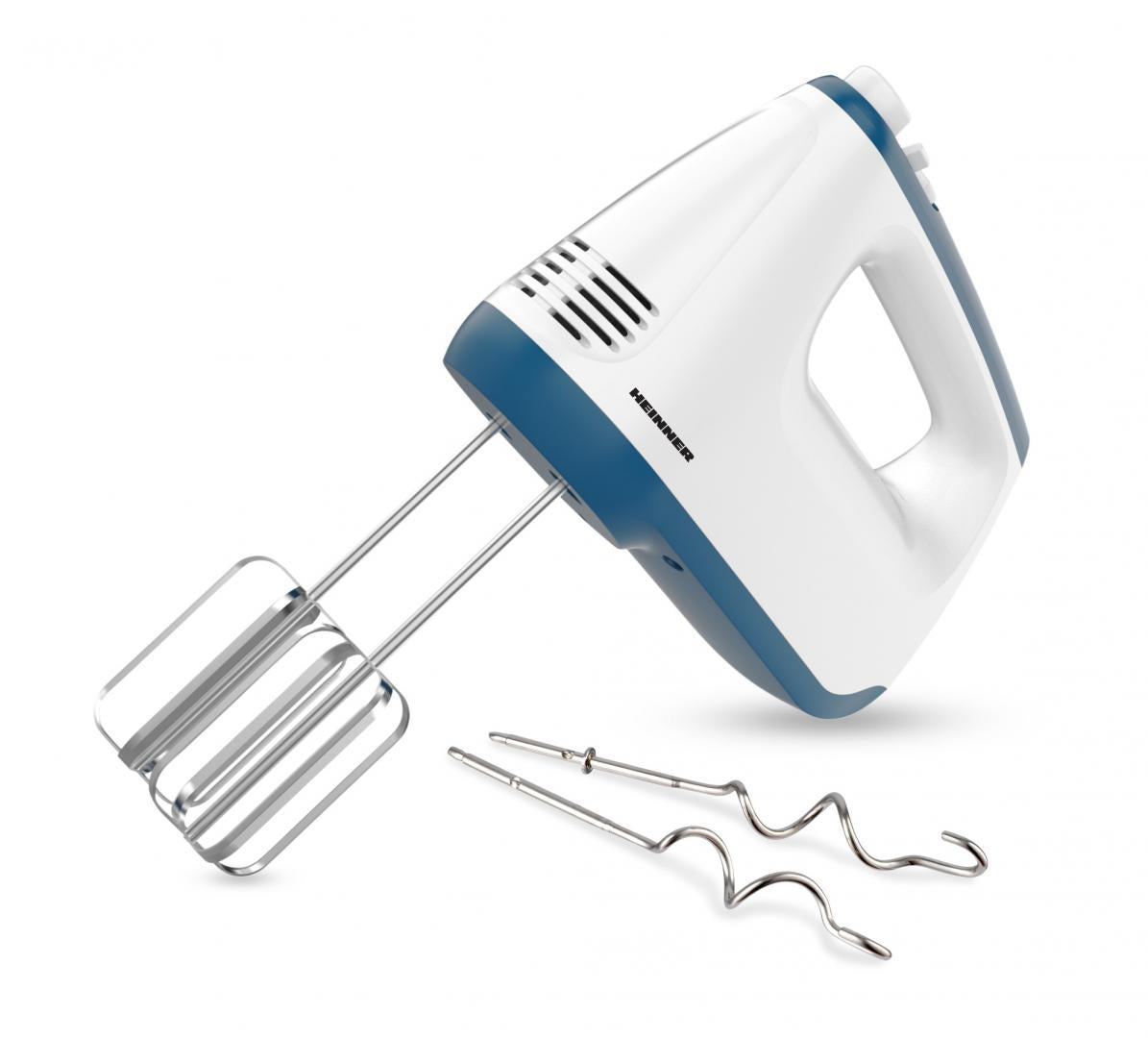 Mixer de mana Heinner HM-400BL, 400 w, 2 teluri si 2 carlige din inox, 6 viteze + turbo, self stand, alb/albastru