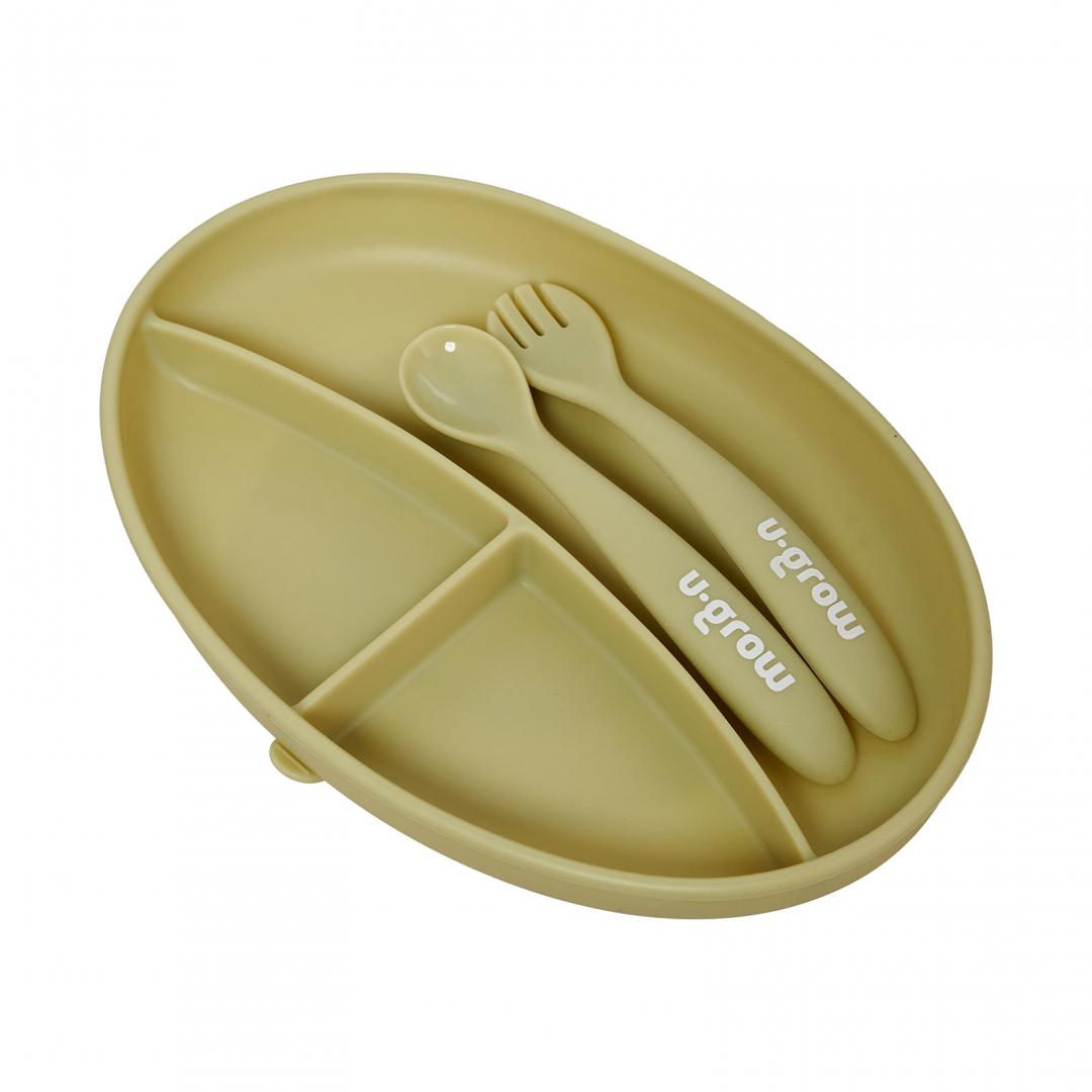 Set Farfurie Cu Lingurita Si Furculita Silicon, Olive,U-Grow