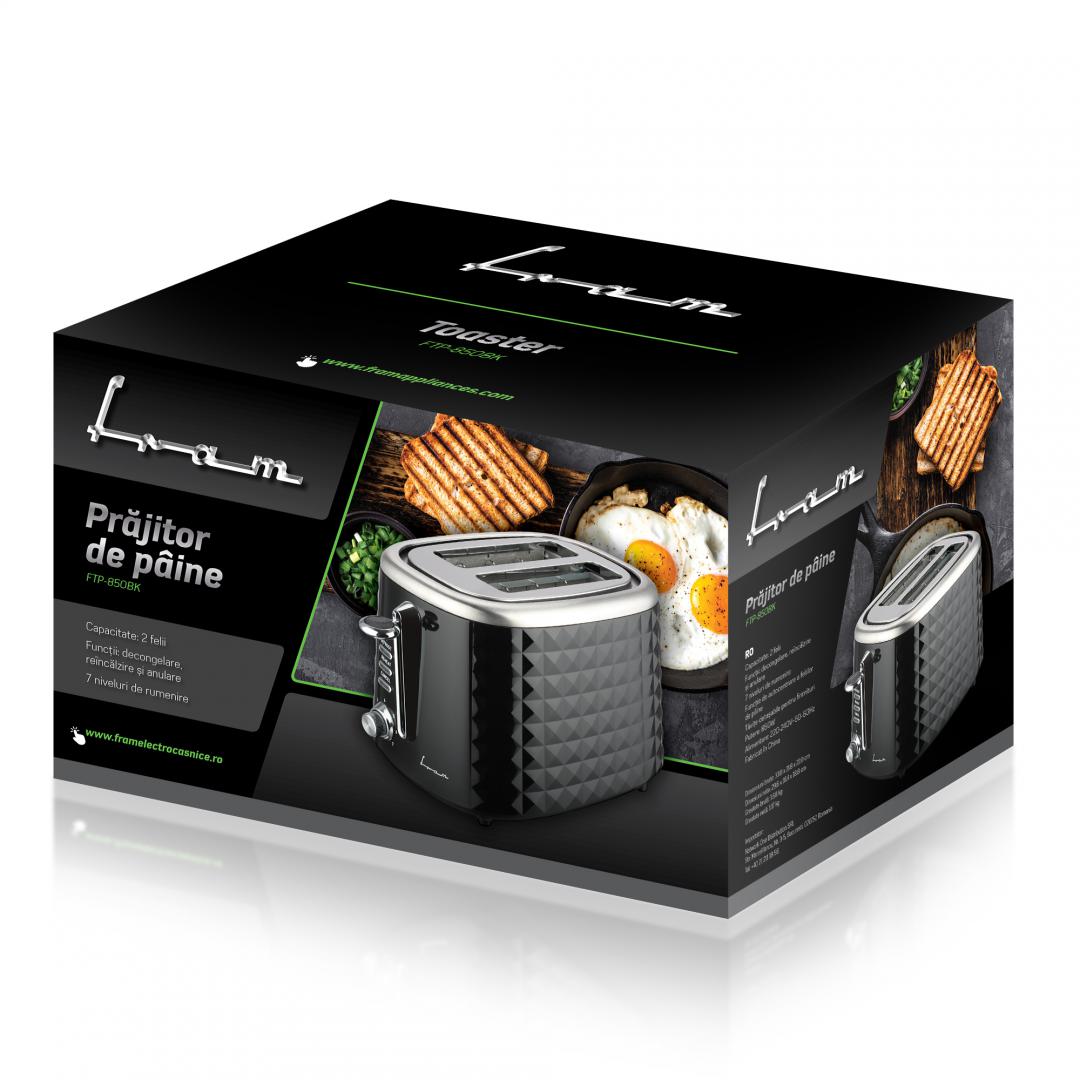 Prajitor de paine FRAM FTP-850BK, 850W, capacitate 2 felii, functii: decongelare, reincalzire si anulare, 7 niveluri de rumenire, functie de autocentrare a feliilor de paine, tavita detasabila pentru firimituri, Negru
