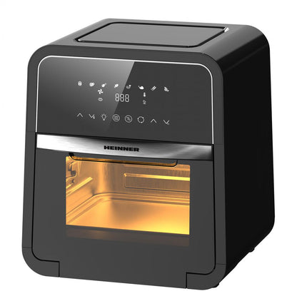 Friteuza cu aer cald Heinner Masterfry HAF-B12BK2000, 2000w, functie cuptor, capacitate: 12l, display digital cu control touch, timer 60 min, deshidratare 24h, temperatura 30-200 grade, 8 programe presetate, 3 nivele de gatire, oprire automata, negru