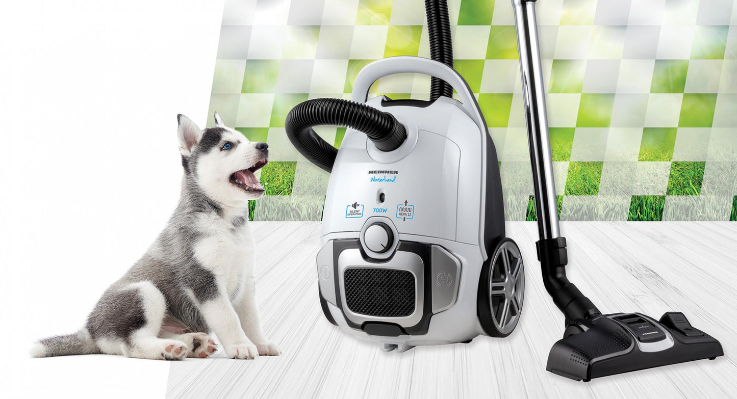 Aspirator cu sac Heinner HVC-M700WH, 69dB, filtru HEPA 12, perie ECO, 700W, putere de absorbtie 150W, sac textil 3L, tub din metal, viteza variabila, Alb
