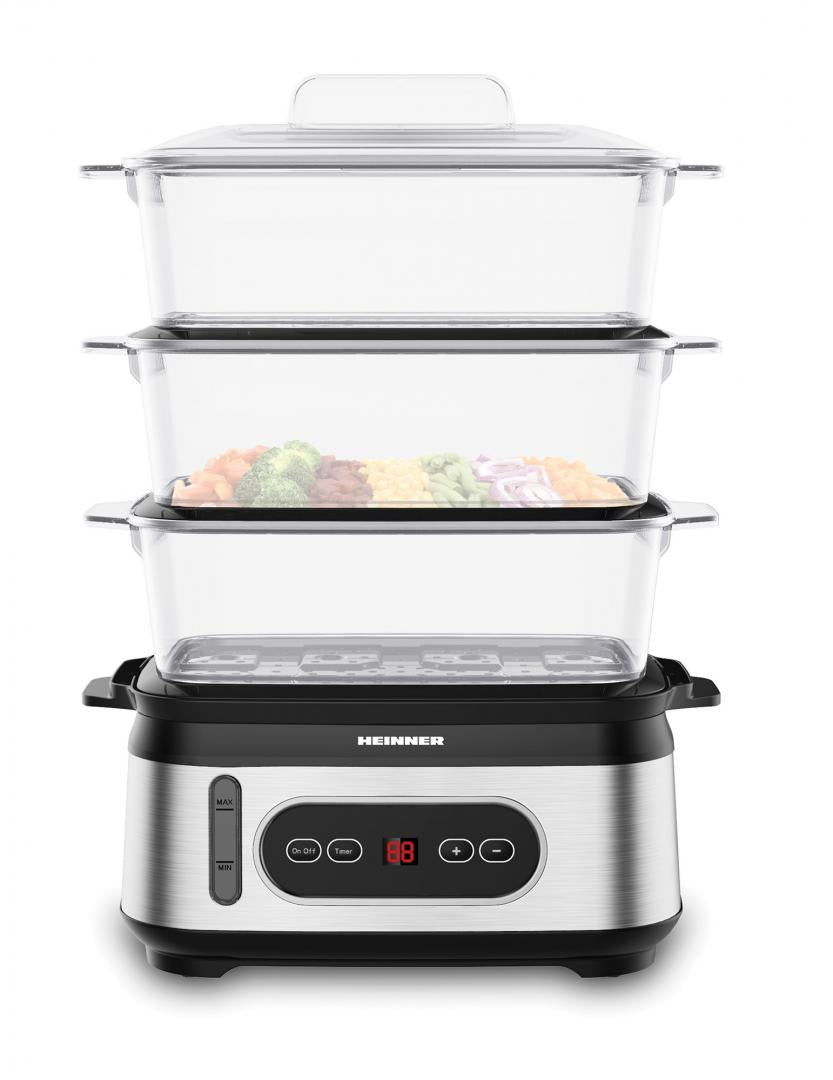 Aparat de gatit cu aburi Heinner HSA-D950SS, 800-950W, display LED, 9L, 1.5L, trei vase pentru gatire BPA free, temporizator 60 min, indicator luminos, protectie impotriva functionarii fara apa, cablu alimentare, insertii inox, negru/argintiu