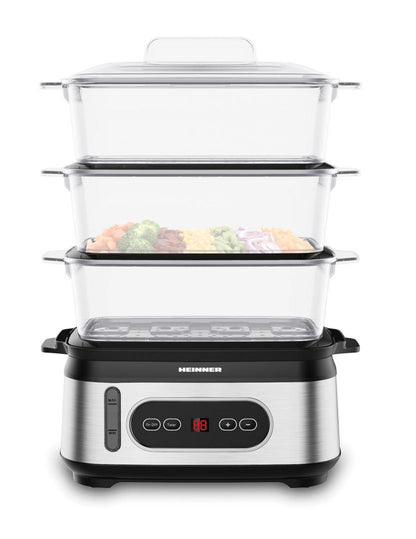 Aparat de gatit cu aburi Heinner HSA-D950SS, 800-950W, display LED, 9L, 1.5L, trei vase pentru gatire BPA free, temporizator 60 min, indicator luminos, protectie impotriva functionarii fara apa, cablu alimentare, insertii inox, negru/argintiu