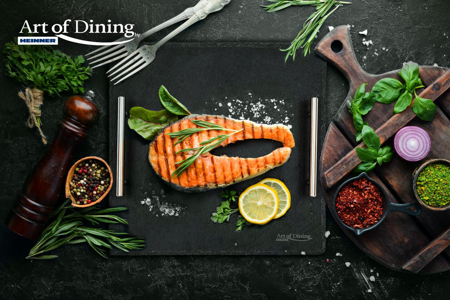 Platou ardezie Cooking by Heinner cu doua manere, patrat, inox, 30x30 cm