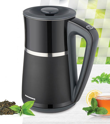 Fierbator electric Heinner HEK-D22002WBK, 1850-2200w, capacitate 1.7l, afisaj LCD, comanda electronica, oprire automata, 5 trepte de temperatura (40/60/80/90/100°C), negru