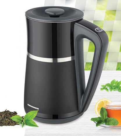 Fierbator electric Heinner HEK-D22002WBK, 1850-2200w, capacitate 1.7l, afisaj LCD, comanda electronica, oprire automata, 5 trepte de temperatura (40/60/80/90/100°C), negru