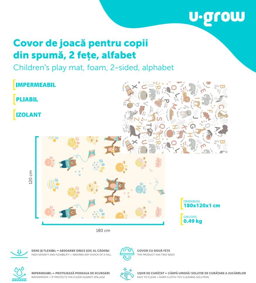Covor De Joaca Pentru Copii U-Grow, Din Spuma, Pliabil, 2 Fete, Impermeabil, Izolant, Alfabet