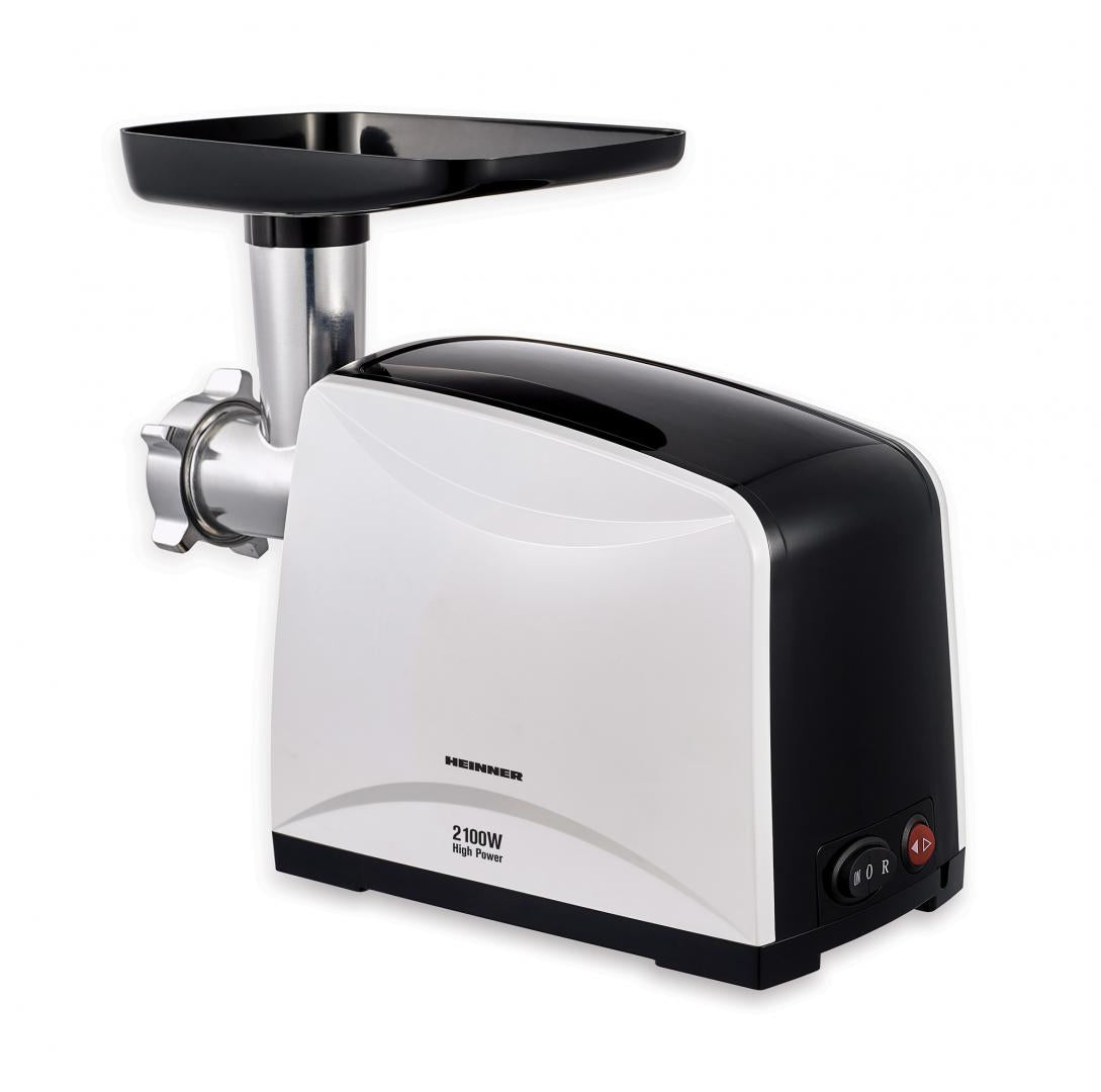 Masina de tocat carne Heinner MG-2100BKWH, 2100 W, accesoriu rosii, Cutit Inox, Negru/Alb